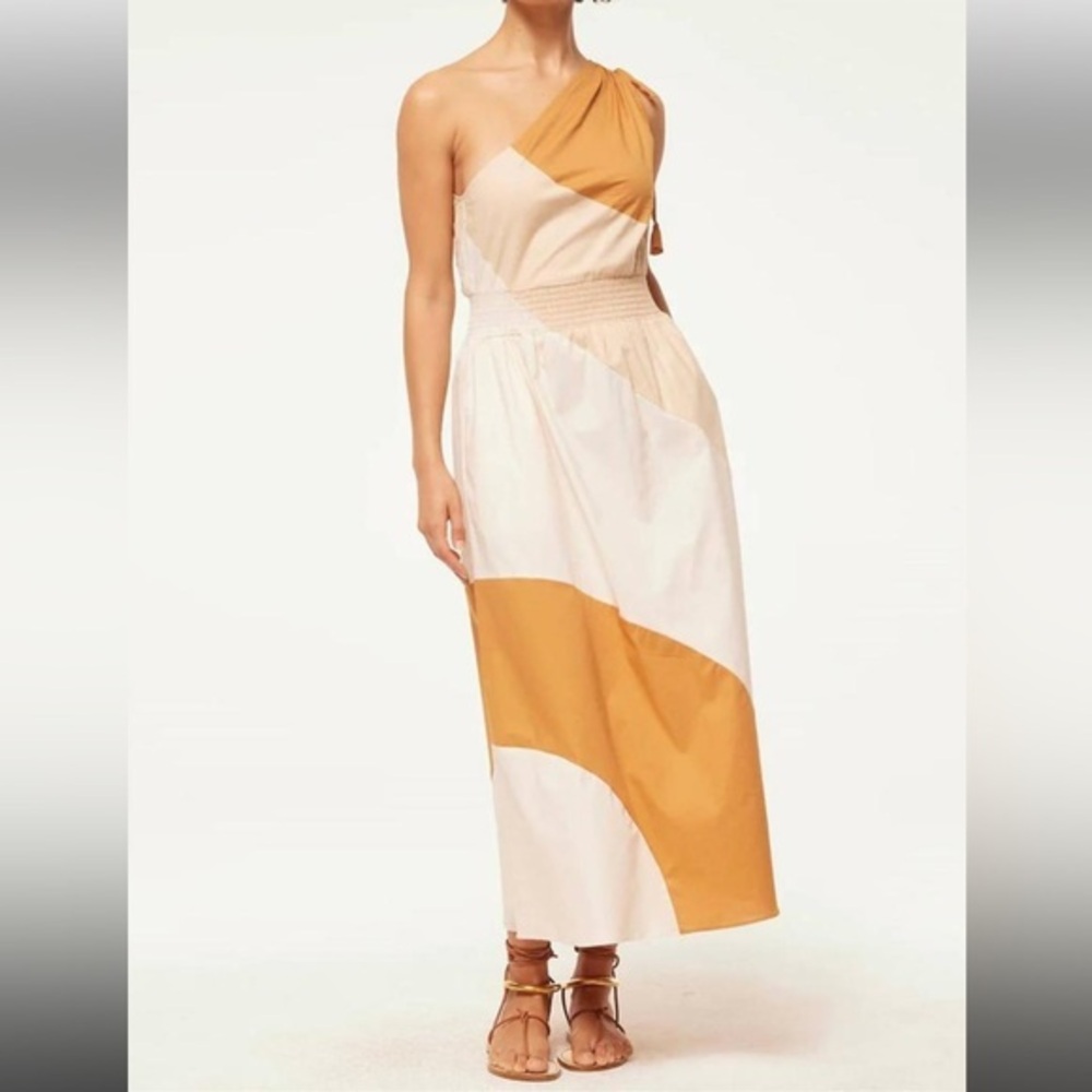 Misa Los Angeles One-Shoulder Colorblock Maxi Dress in Tan and Cream